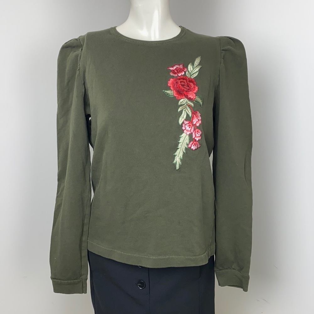 Zara Olive Green Long Sleeve Top with Red Floral Embroidery